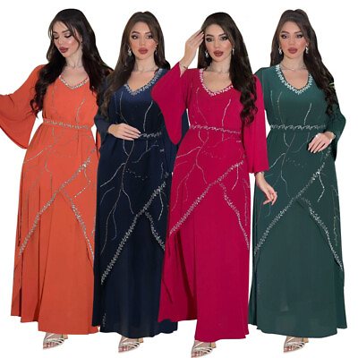 #ad Abaya Kaftan Women Dubai Modest Party Maxi Dress Muslim Rhinestone Elegant Gown C $47.71