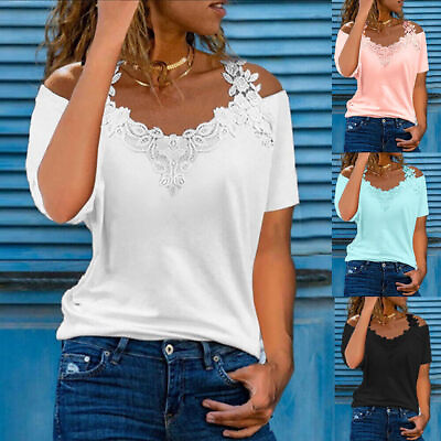 Womens Summer Short Sleeve T Shirt Tops Tee Ladies Basic Lace Blouse Plus Size $14.19