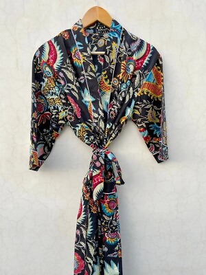 Black Floral Kimono Beach Cover up Boho Style Bohemian Cotton Kimono Robe $24.11