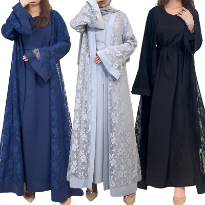 #ad #ad Women Muslim Open Cardigan Abaya Maxi Dress Sets Two Piece Kaftan Islamic Gown $56.00