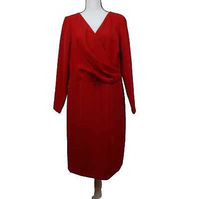 #ad Ralph Lauren Red Cocktail Dress Women’s Size 18 Long Sleeve Surplice Lined $58.88