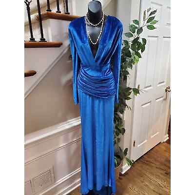 #ad Women#x27;s Blue Plunging Neckline Velvet Long Sleeve Long Maxi Dress Size Medium $55.00