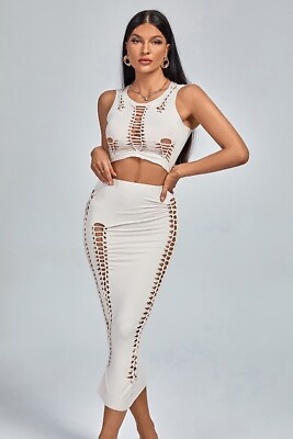 #ad Distressed Laser Cutouts 2 Piece Fitted Pencil Skirt Cropped Top Bodycon Set $13.99