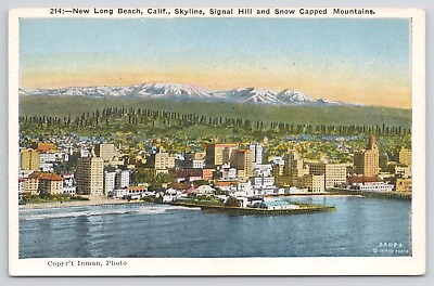 #ad New Long Beach California Skyline Signal Hill Snowcap Mtn White Border Postcard $6.00