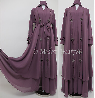#ad Dubai Abaya 2 Layer Chiffon Open Umbrella Flare Maxi Dress Rhinestones Lilac $65.00