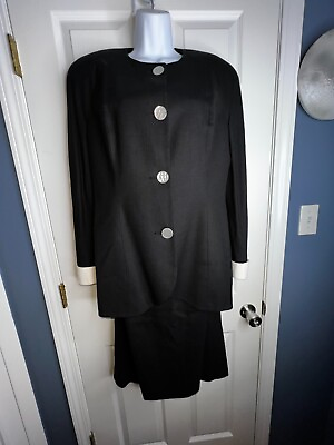 #ad Vtg Daniel Niveau Womens Sz 12 Black Linen Pencil Skirt Suit Career Set USA $27.49