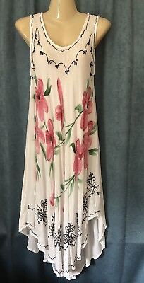 #ad Beach Cover Up Swimsuit Sundress Size Free White Floral Handkerchief Hem Flowers $11.85