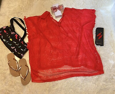 #ad Women#x27; Beach Lace Swimsuit Cover Up Dress TasselBoho Bathing Crochet Red S $12.86