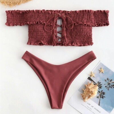 #ad #ad Zaful mahogany Shirred Lace Up Bardot Cheeky Bikini Set size M $19.00