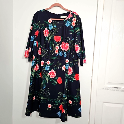 #ad Eliza J Fit amp; Flare Navy Blue Floral Cocktail Dress Size 18W Plus 3 4 Sleeves $39.00