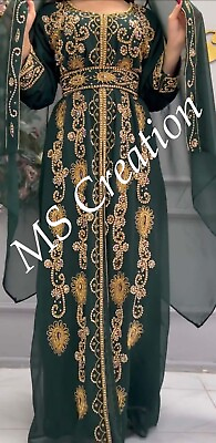 #ad SALE New Green Moroccan Dubai Kaftan Farasha Abaya Dress Very Fancy Long Gown425 $77.99