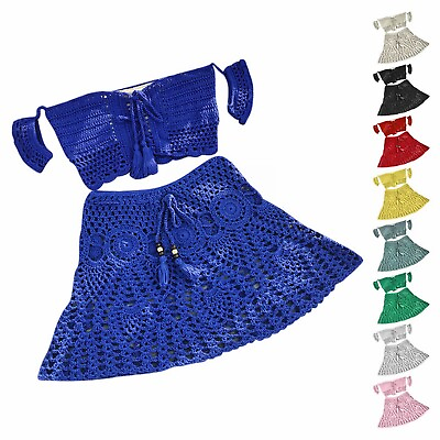 Bikinis for Teen Girls Women#x27;s Solid Color Hand Crochet Top Miniskirt Swimming $32.52
