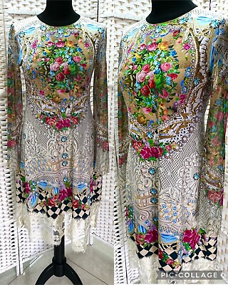 #ad Michal Negrin Beautiful Coloring Floral With Lace Dress Size L $449.10