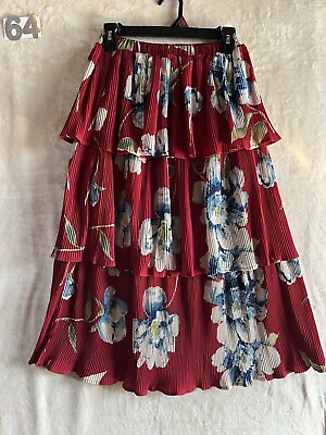 #ad Girls 3 Layer Ruffle Skirt Size 11 12 Long Modest Red Floral $21.34