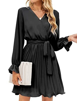 #ad BBX Lephsnt Black Dresses for Women Funeral Casual Wrap V Neck Dress Flounce $7.99