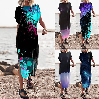 #ad Women#x27;s Summer T Shirt Maxi Dress Batwing Sleeve Crewneck Casual Loose Slit $30.05