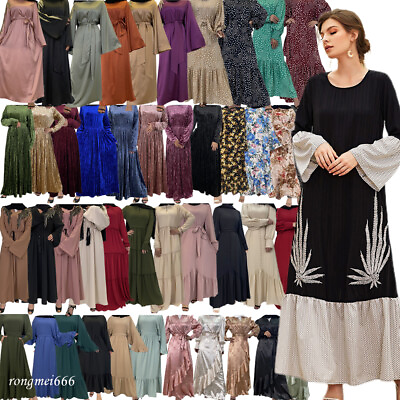 #ad Muslim Women Long Sleeve Maxi Dress Abaya Kaftan Robe Dubai Arab Robe Cocktail $82.56