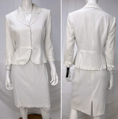 #ad NWT $290 Tahari 6P White 2 Piece Pencil Skirt Suit Scallop Blazer Jacket $109.65