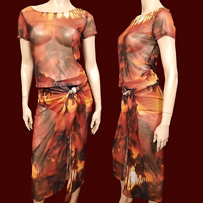 #ad Vintage 90s Sarong Beach Cover Up Top Skirt Set Womens M Tropical Sunset Print C $50.00