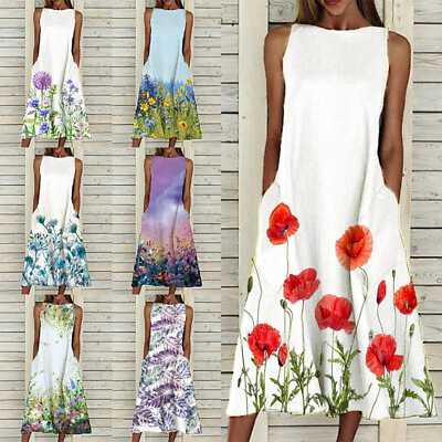 Plus Size Women Summer Floral Pockets Dresses Ladies Beach Holiday Midi Sundress $24.28