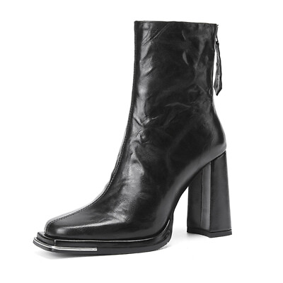 #ad Women#x27;s Autumn Leather Square Toe Block Heels Back Zip Casual Ankle Boots Size $123.24