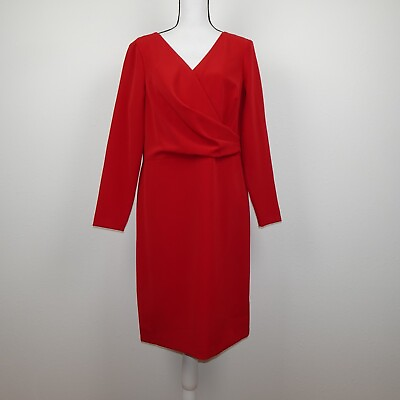 #ad Ralph Lauren Red Cocktail Dress Women’s Size 14 Long Sleeve Surplice Lined $58.88