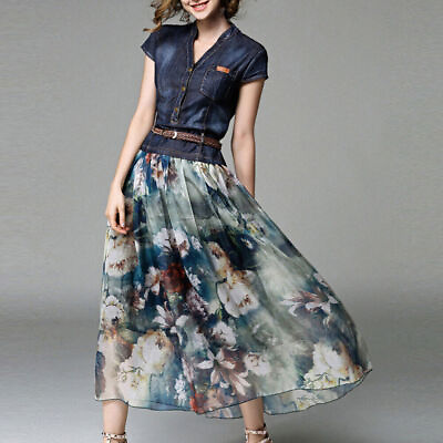 Patchwork Floral Print Dress Women Short sleeve V neck A line Maxi Dresses $46.01