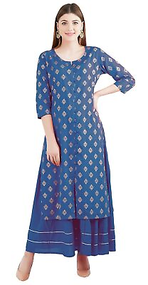 #ad Women#x27;s Blue Printed Straight Kurti Kurta with Skirt Set Indian Pakistani Dress $45.60