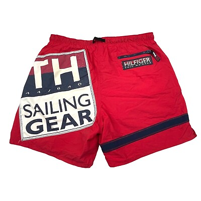 #ad Tommy Hilfiger Swimming Trunks Mens Medium Red Sailing Gear TH 044 VTG Big Logo $39.99