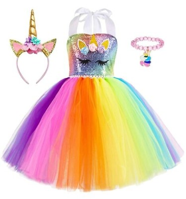 Unicorn Girl Dress for Birthday Outfit Princess Costume Rainbow Tutu Dress 7 8Ys $24.99