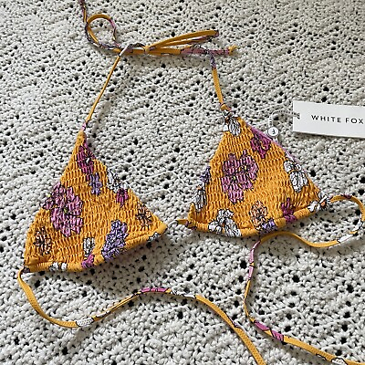 #ad White Fox Boutique Swim Floral Smocked Halter Triangle Bikini Orange Medium $24.99
