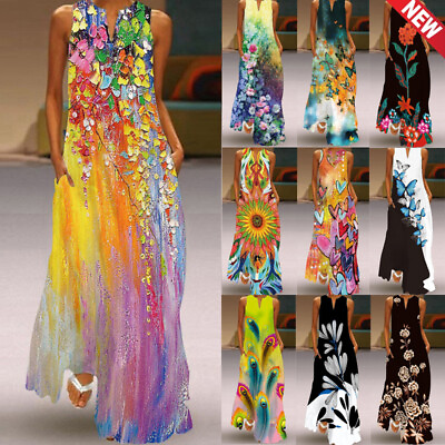 #ad Women Boho Floral Maxi Dress Cocktail Party Evening Ladies Summer Beach Sundress $6.19
