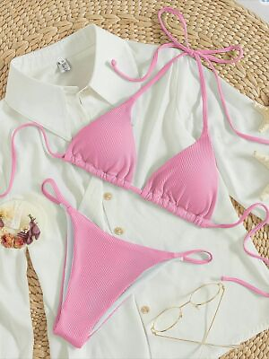 #ad String Bikinis Women Swimsuit Summer Sexy Triangle Solid Swimwear Padded Bathers $26.34