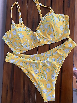 #ad #ad Womens Size 6 Bikini Push Up Top Yellow Floral Ruffles Underwire Swimsuit BOTTOM $18.99
