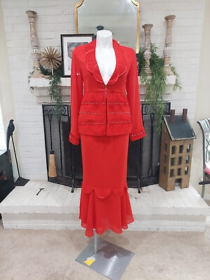 #ad #ad Tally Taylor Embroidered 3 Piece Church Skirt Suit Jacket amp; Flared Skirt Sz 8 $55.30