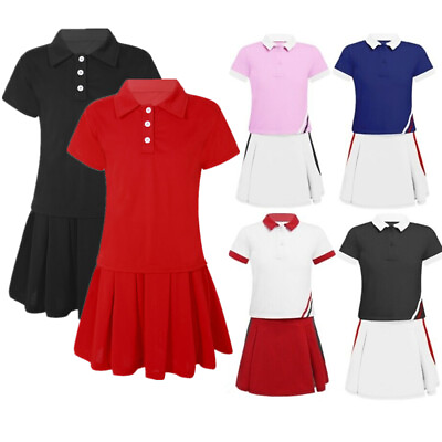 Summer Girls Sports Tennis Dress Outfits Collared T shirt and Pleated Skirt Sets $17.99