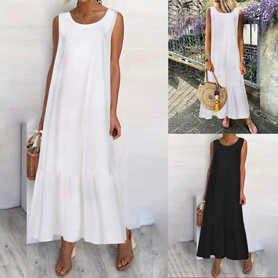 #ad US Women Sleeveless Tiered Long Beach Dress Kaftan Baggy Maxi Sundress Plus Size $18.82