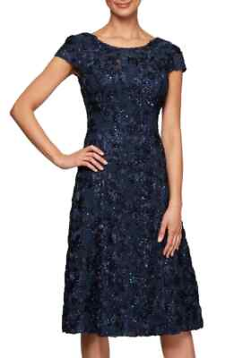 #ad Alex Evenings Navy Blue Sequin Rosette Cocktail Dress Size 10 $219 $89.88