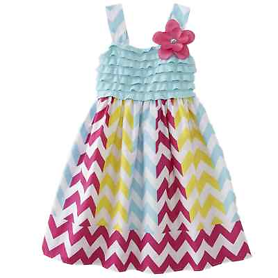 #ad Little Girls Ruffled Chevron Pattern Dress Pink Yellow amp; Blue Sundress $19.99