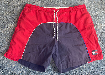 #ad Vintage Mens Tommy Hilfiger Swimsuit Trunks. Blue red Nylon. Sz Medium $18.00