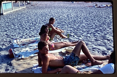 Vintage 1968 2 Slide Photos young guys amp; girls beach bathing suits bikinis sand $29.00