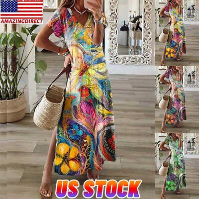 Womens Boho Floral Kaftan Maxi Dress Ladies Summer Holiday V Neck Loose Sundress $10.44
