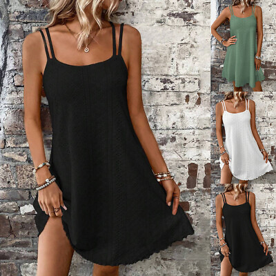 #ad Women Party Sleeveless Tank Dress Summer Casual Beach Mini Dress Hollow Sundress $15.39