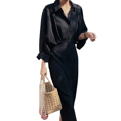 #ad Women Long Sleeve Maxi Dress Lapel Button Up Cotton Long Maxi Shirt Dress Tunic $22.60