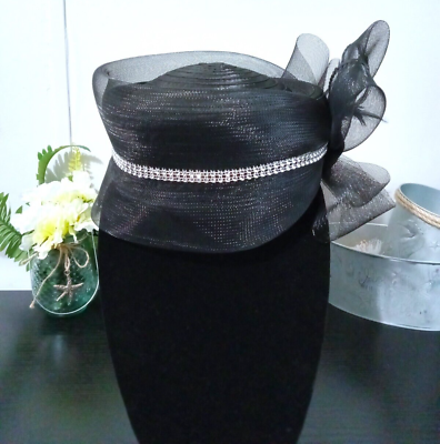 #ad #ad G.M.I. Woman#x27;s Black Church Hat With Large Bow And Cubic Zirconia Stones Size 7 $59.95