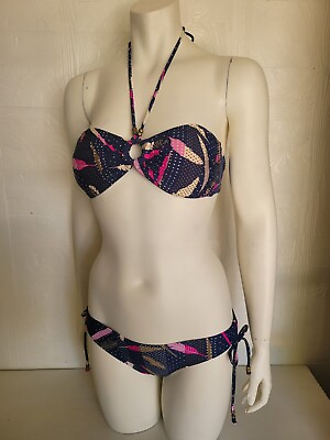 #ad Pre owned Xhilaration Purple Feather Print Bandeau Bikini Set Size S M $5.00
