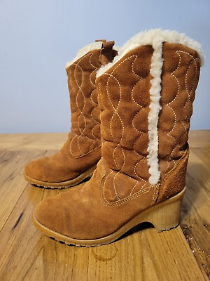 #ad Vintage 1980#x27;s Sears size 8 quilted leather sherpa lined block 3quot; heel boots $79.00