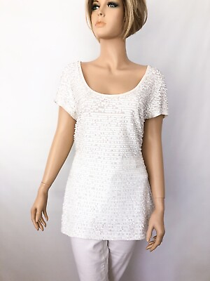 #ad New White Sequins Top L Blouse Donna Karan Sparkle Dress T Shirt Party Tunic $19.99