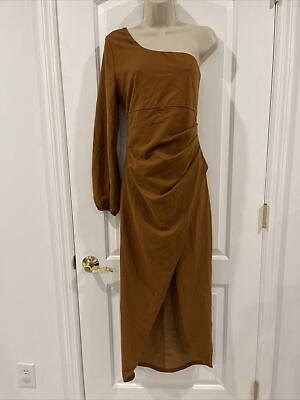 #ad Zesica L Brown One Shoulder Party Dress Long Sleeve Maxi Backless High Split $39.79