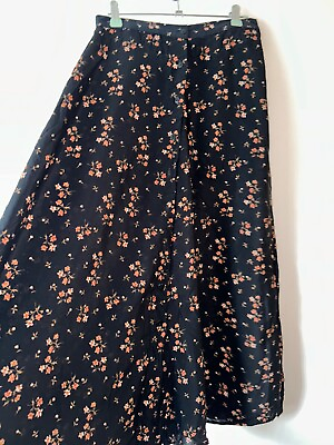 Vintage Boho Skirt Long Black Floral Bohemian Size 10 12 Button Front Retro Work GBP 16.99